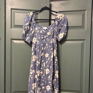 Pink blush light navy floral sweetheart neck midi dress small